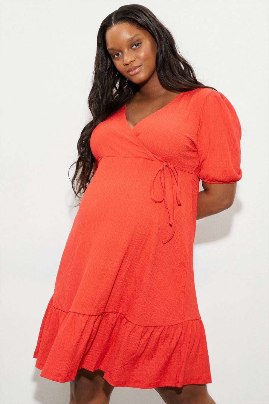 Maternity Red Puff Sleeve Mini Dress