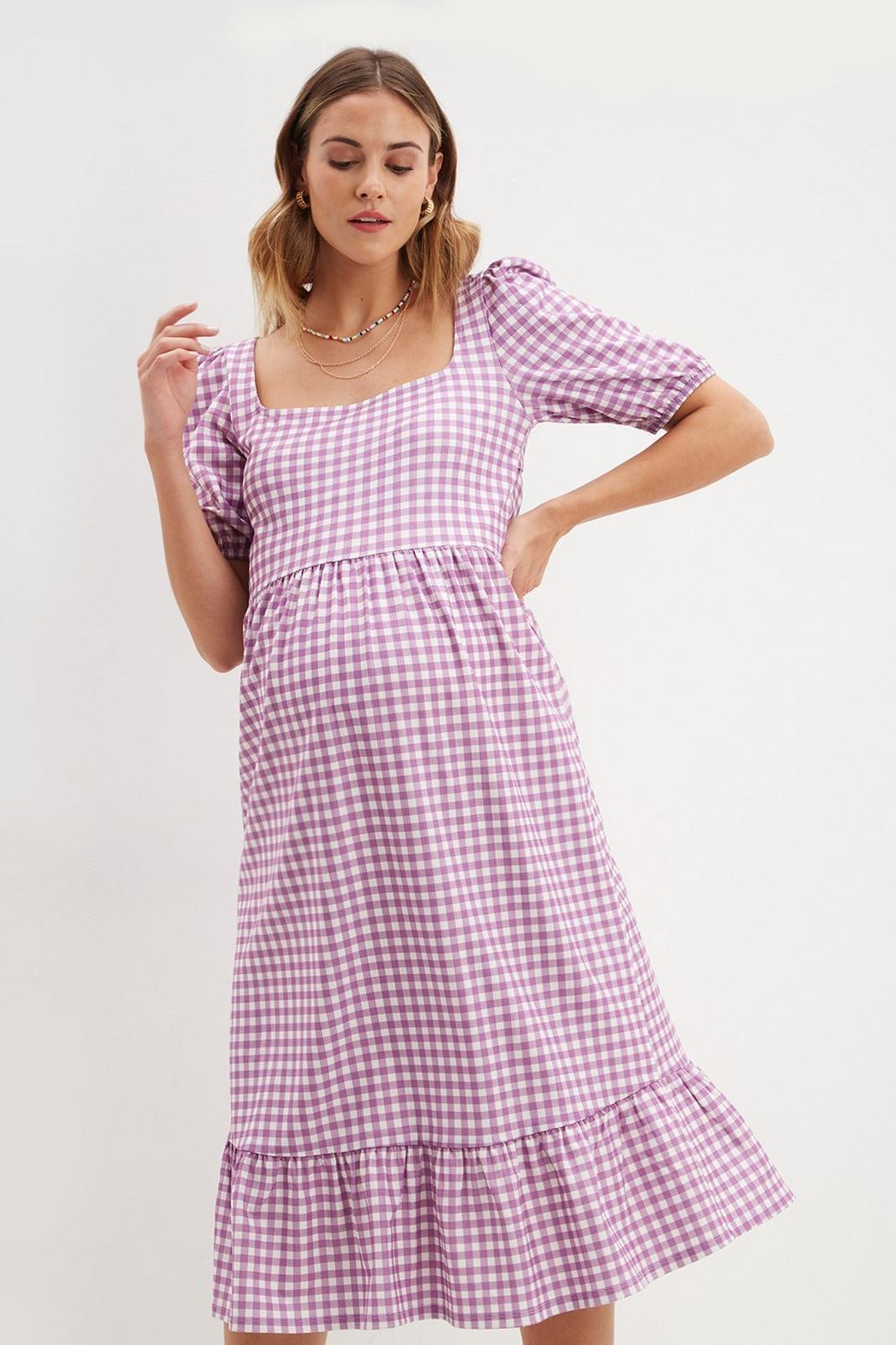 Maternity Lilac Gingham Printed Midi Dress image number 1