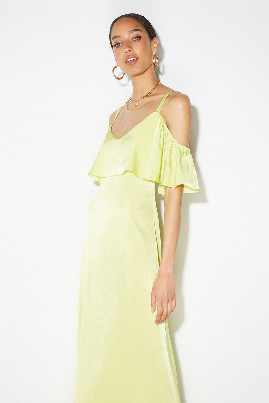 194 Tall Lime Satin Frill Shoulder Midaxi Dress image number 2