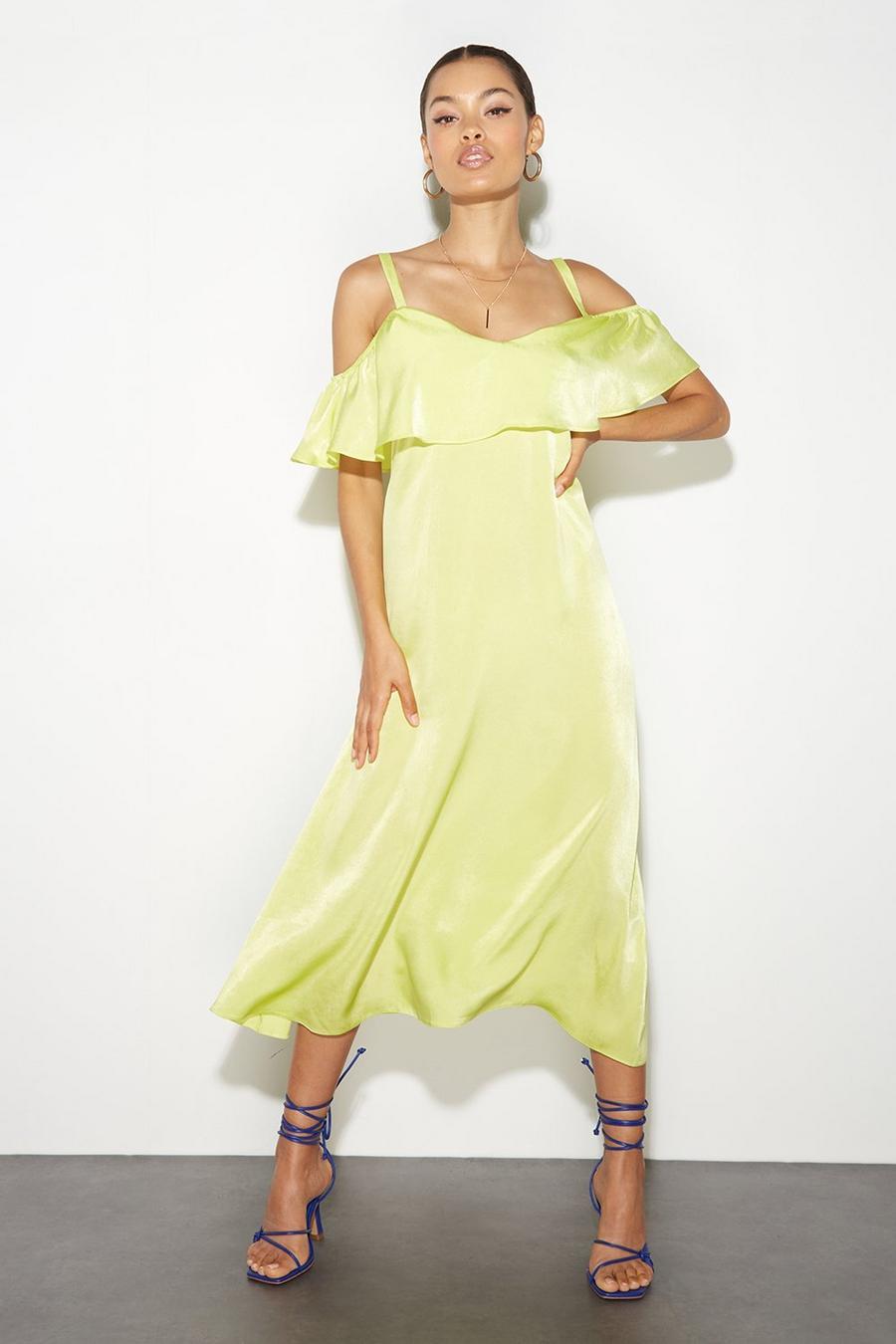 Petite Lime Satin Frill Shoulder Midaxi Dress