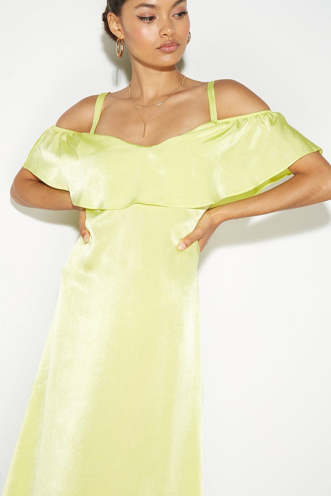194 Petite Lime Satin Frill Shoulder Midaxi Dress image number 2