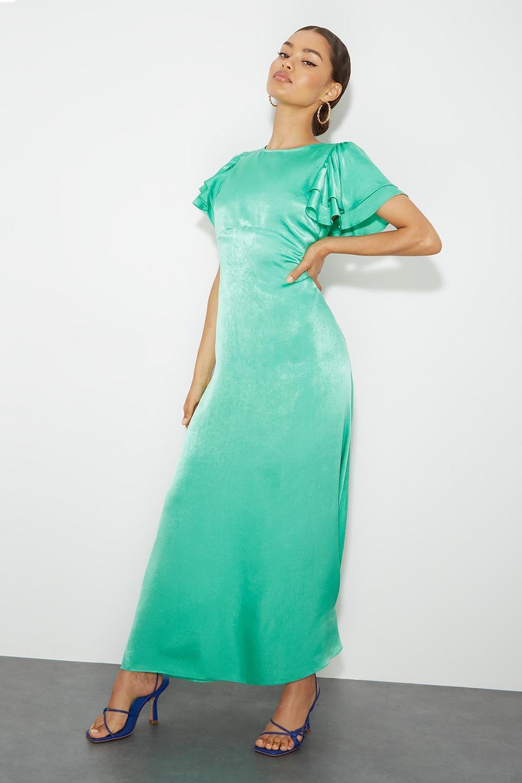 Green Petite Double Ruffle Sleeve Satin Maxi Dress image number 1