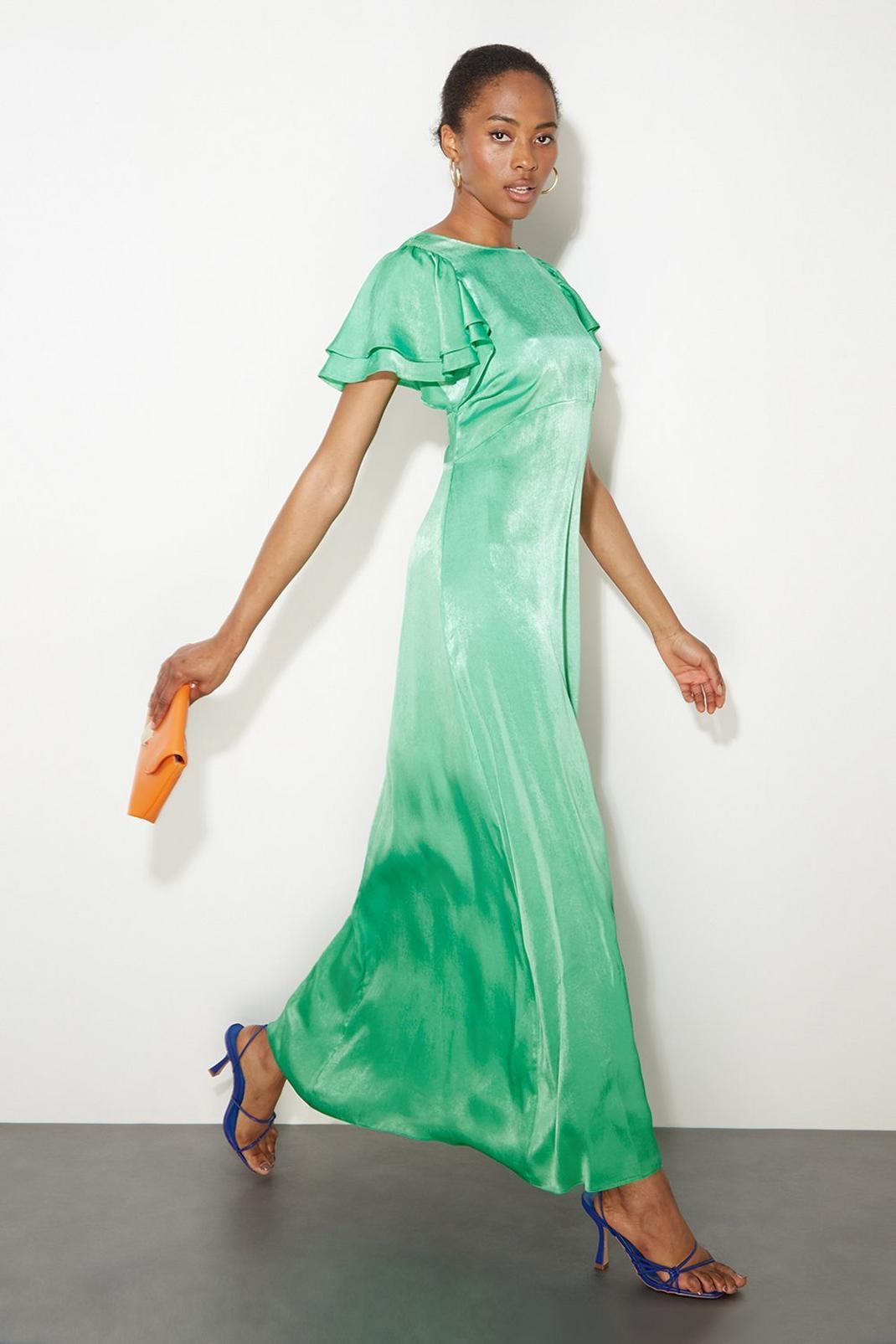 Green Tall Double Ruffle Sleeve Satin Maxi Dress image number 1