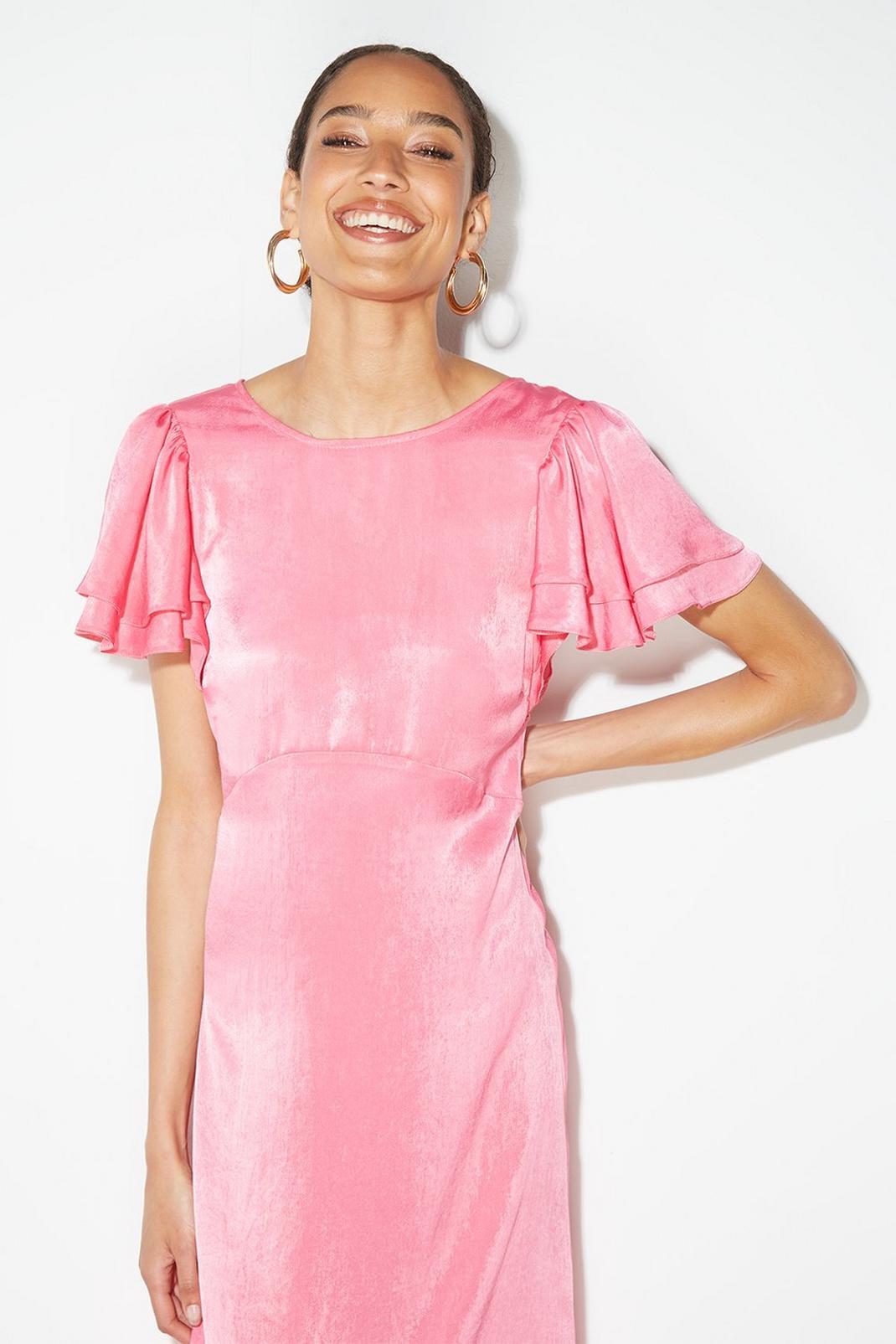 Pink Tall Double Ruffle Sleeve Satin Maxi Dress image number 1