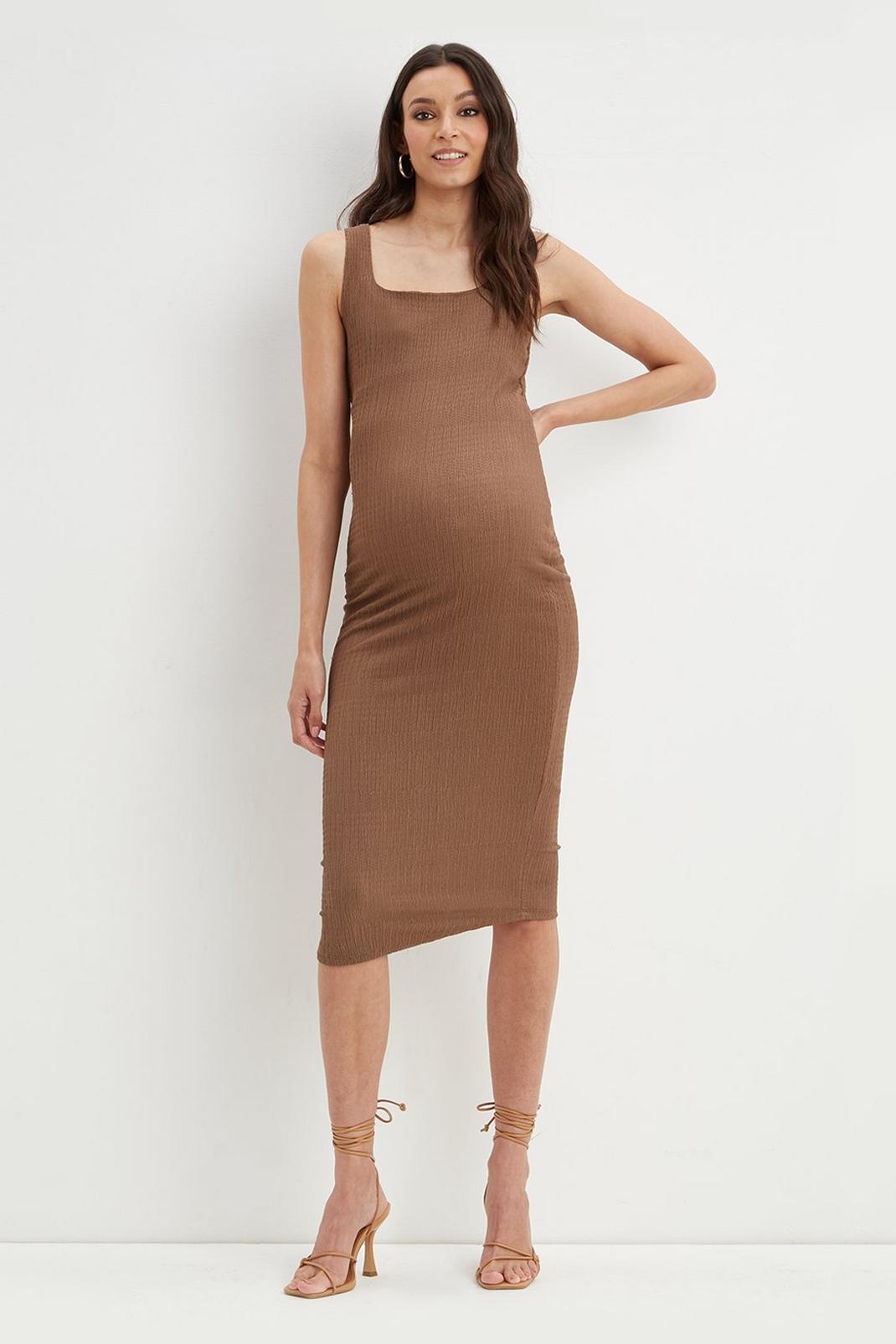 Maternity Brown Textured Midi Dress image number 1