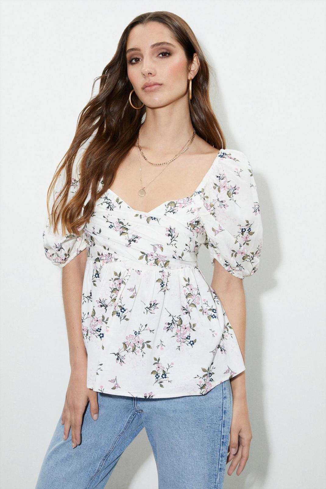 Ivory Floral Ruched Sleeve Blouse image number 1