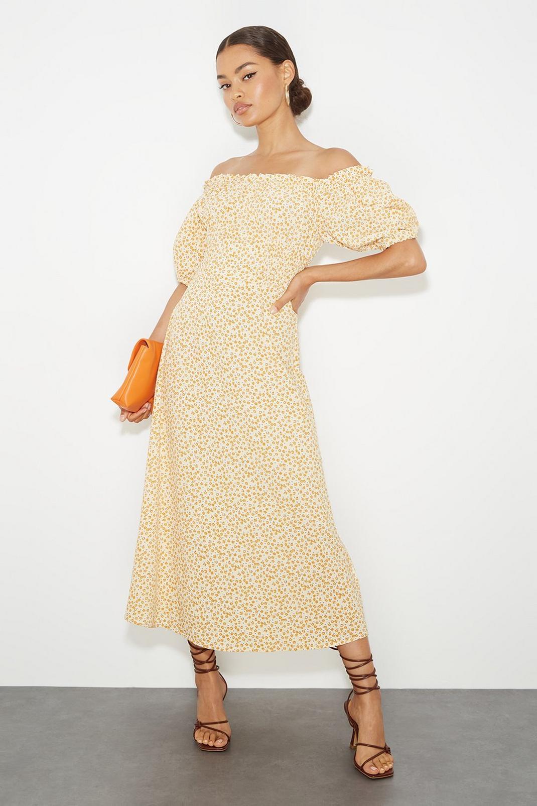 Petite Yellow Floral Ruched Bardot Midi Dress image number 1