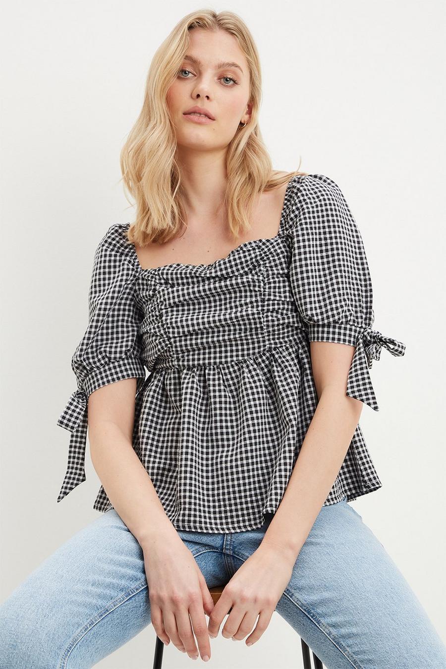 Gingham Square Neck Top