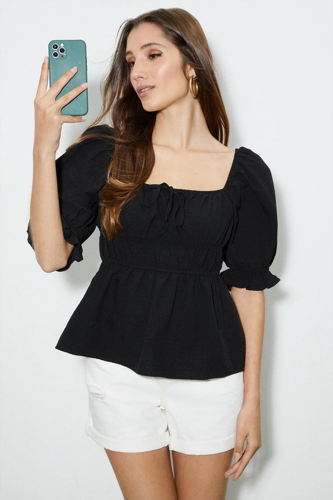 Black Textured Tie Front Blouse image number 1