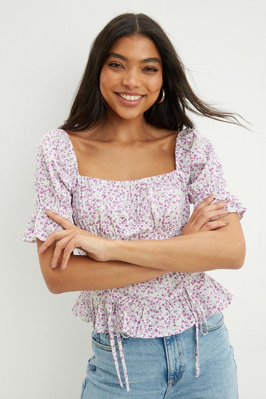 Purple Ditsy Ruched Front Blouse