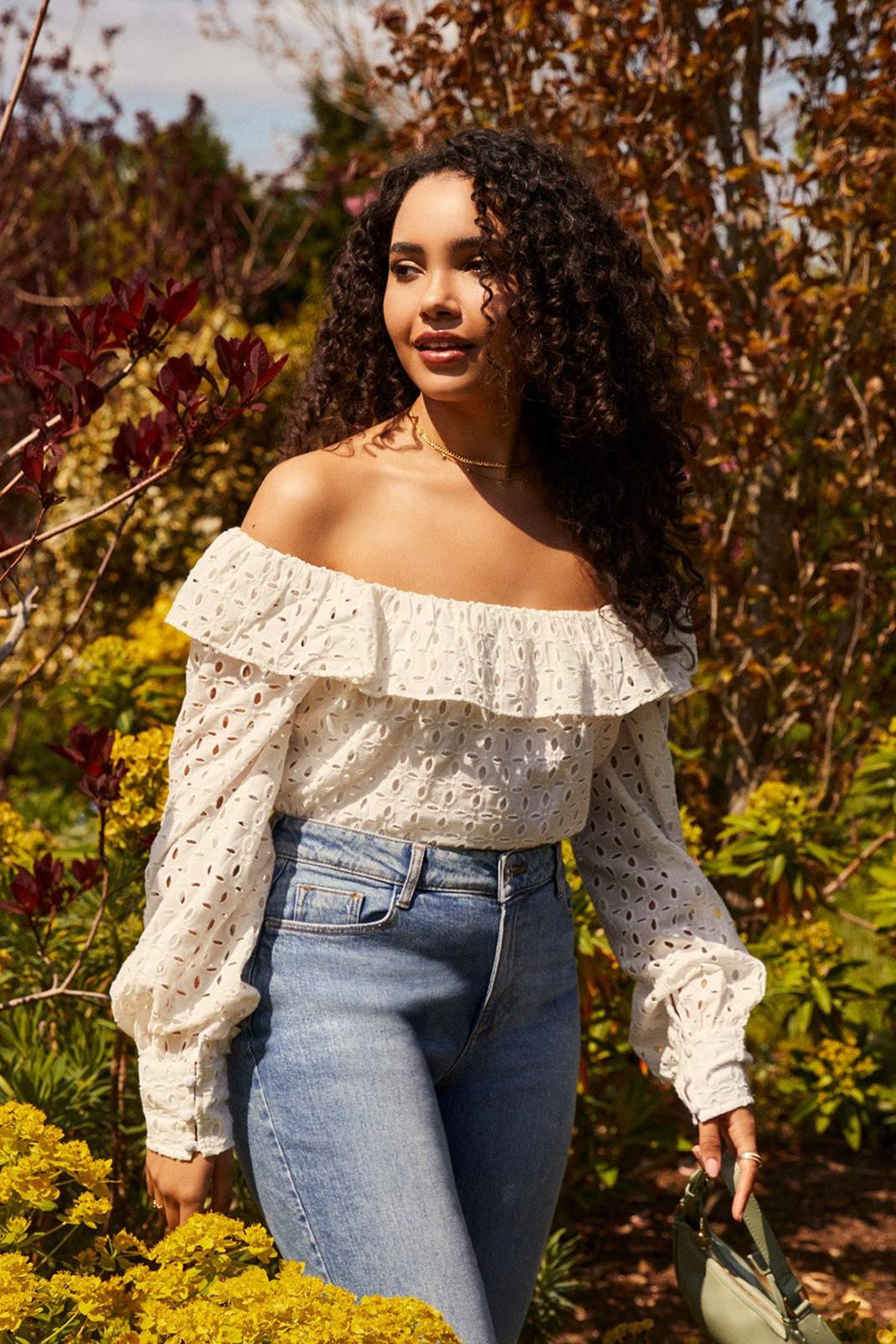 White Broderie Frill Off The Shoulder Top image number 1