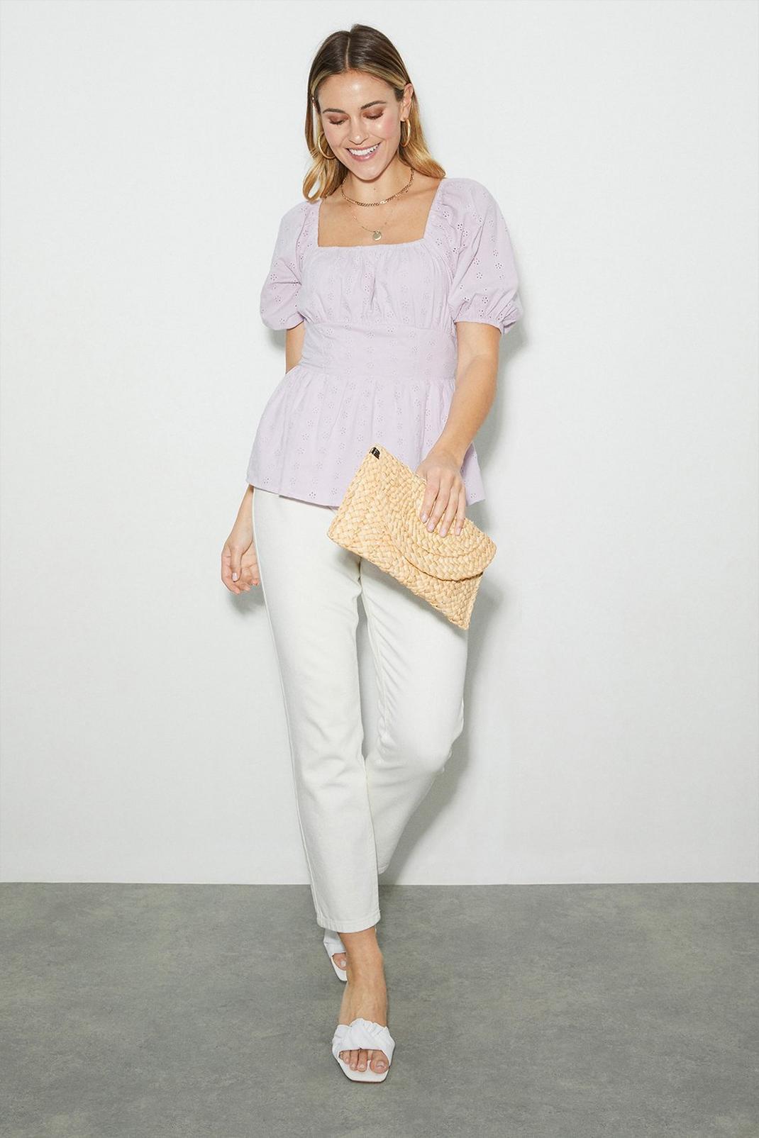 Petite Lilac Broderie Milkmaid Blouse image number 1