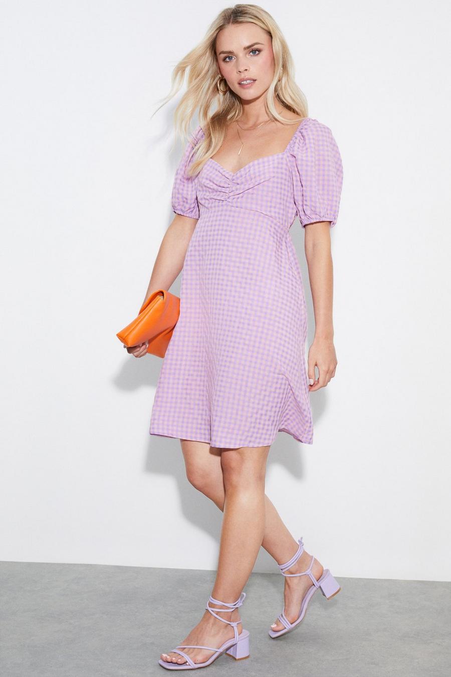 Petite Lilac Gingham Puff Sleeve Mini Dress