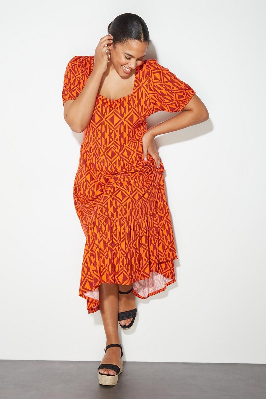 Curve More Sustainable Red Geo Tie Back Midi Dress