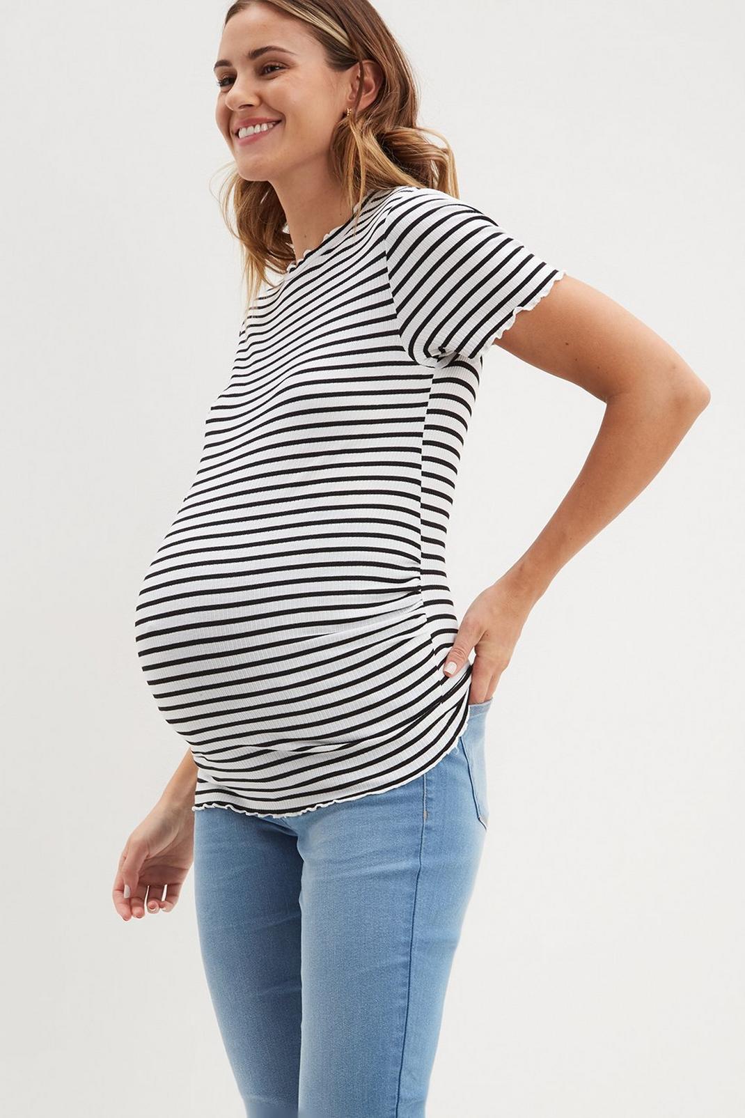 Maternity White Stripe Short Sleeve Tee image number 1