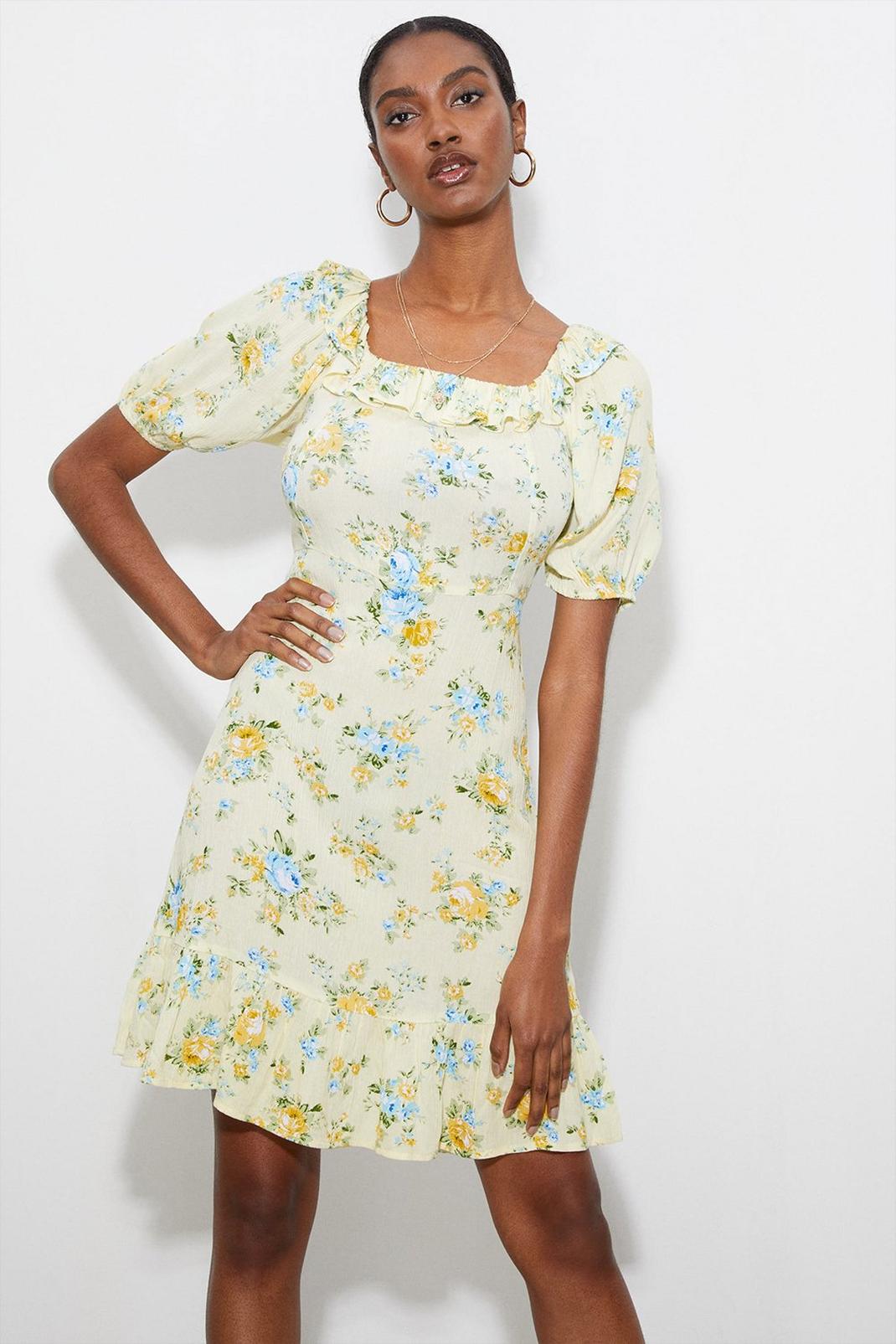 Tall Lemon Floral Frill Neck Mini Dress image number 1