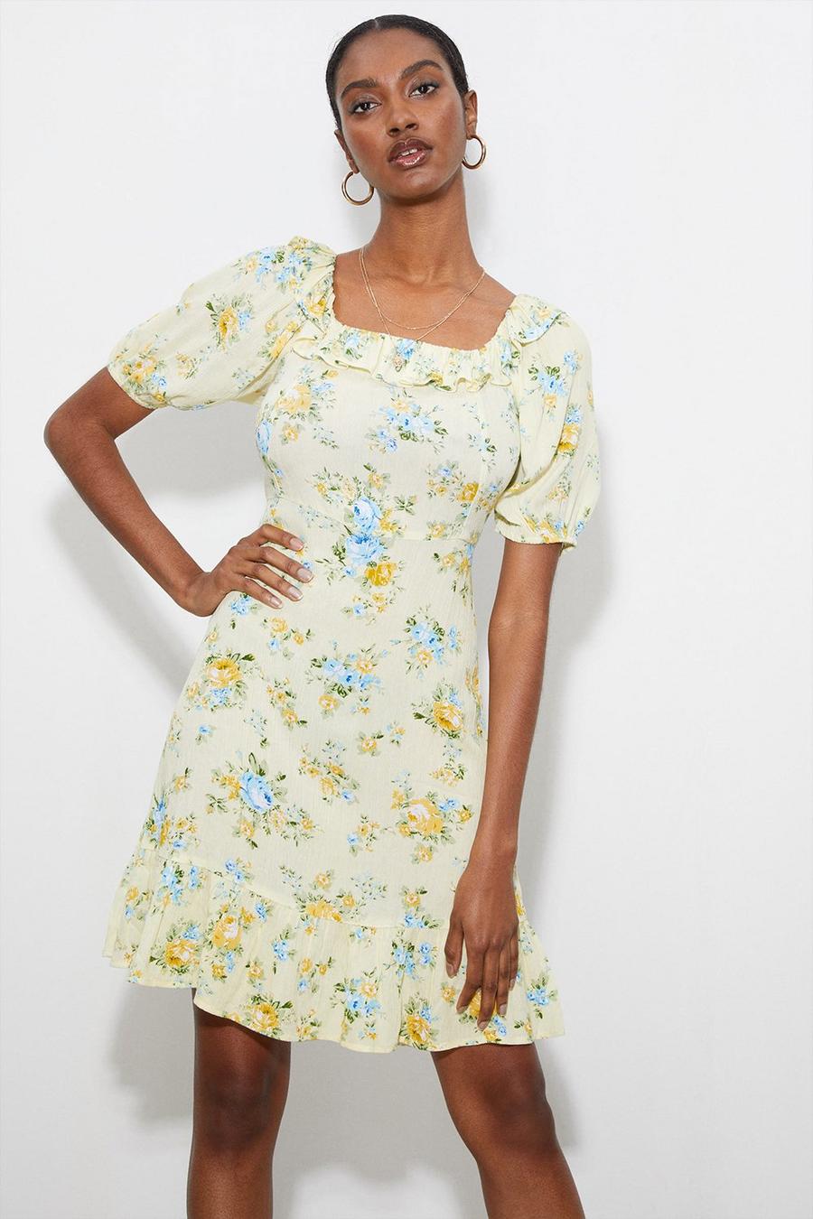 Tall Lemon Floral Frill Neck Mini Dress