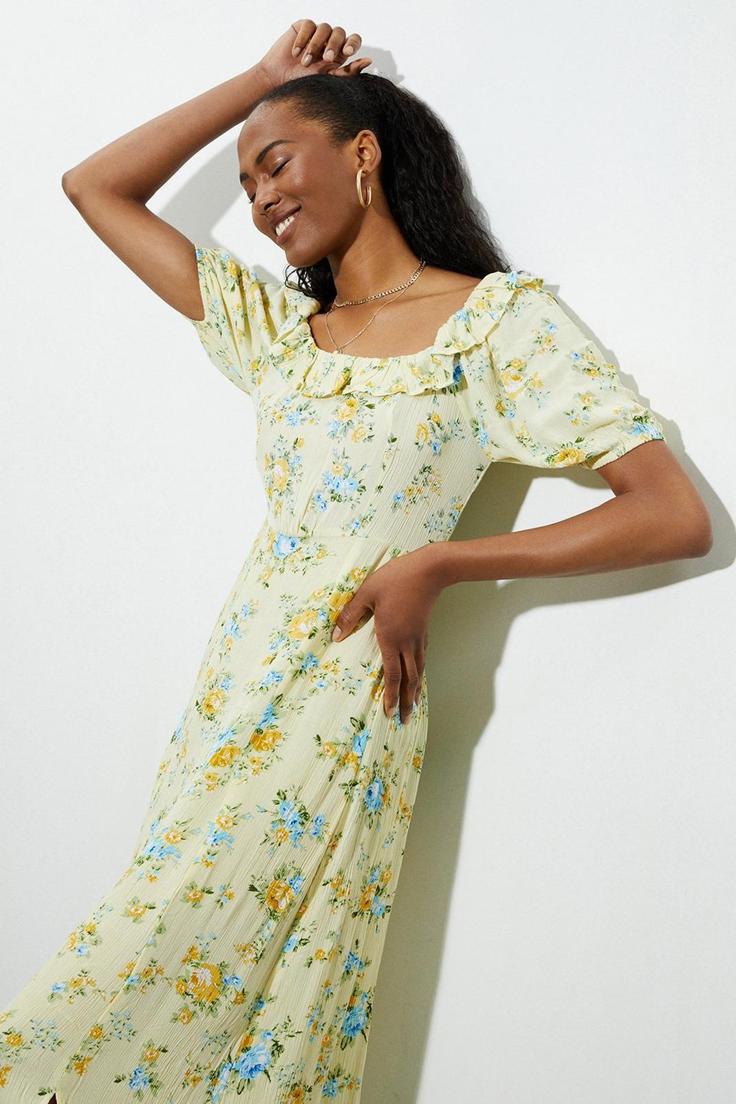 Tall Lemon Floral Frill Neck Midi Dress image number 1
