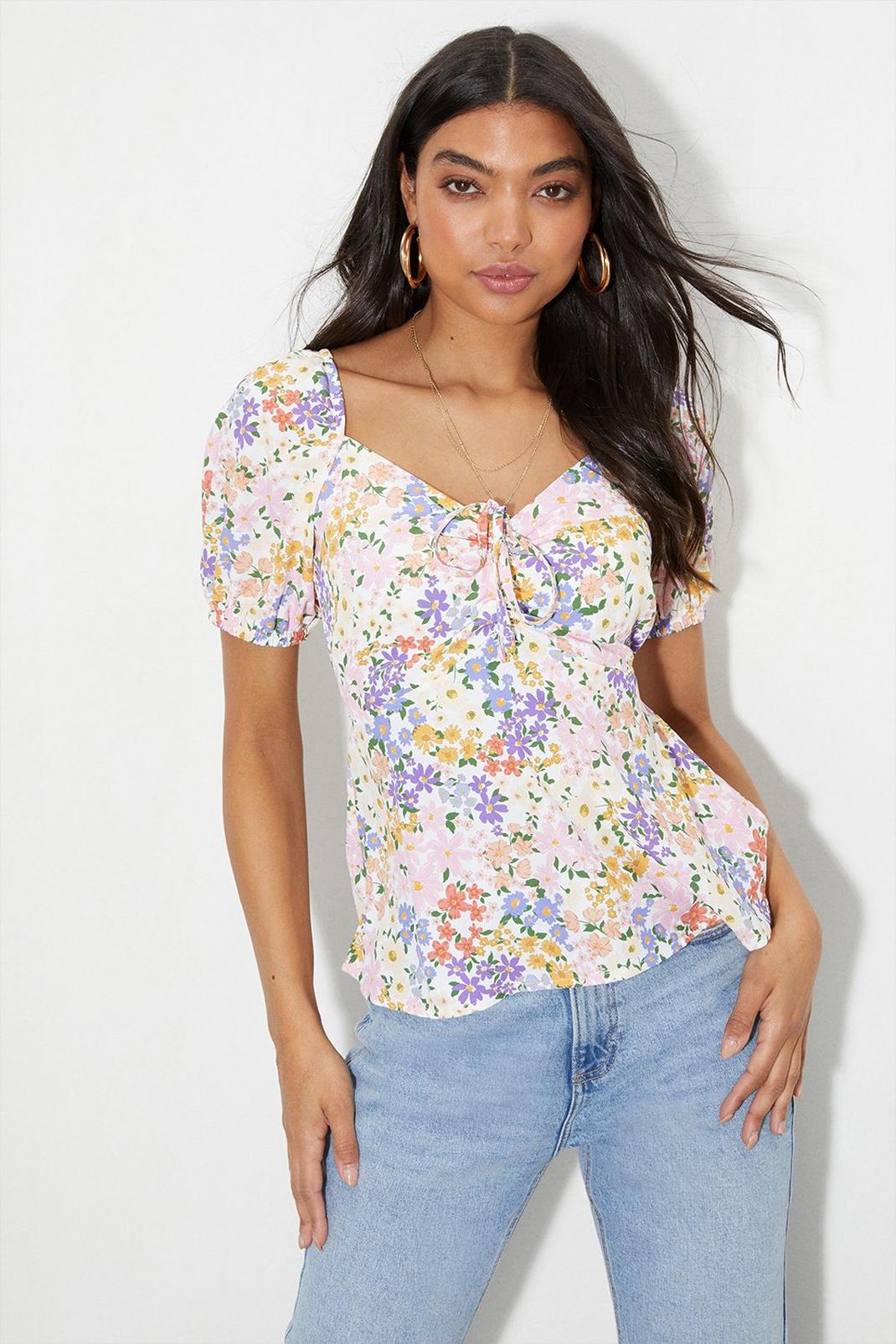 Ivory Floral Ruched Front Blouse​ image number 1