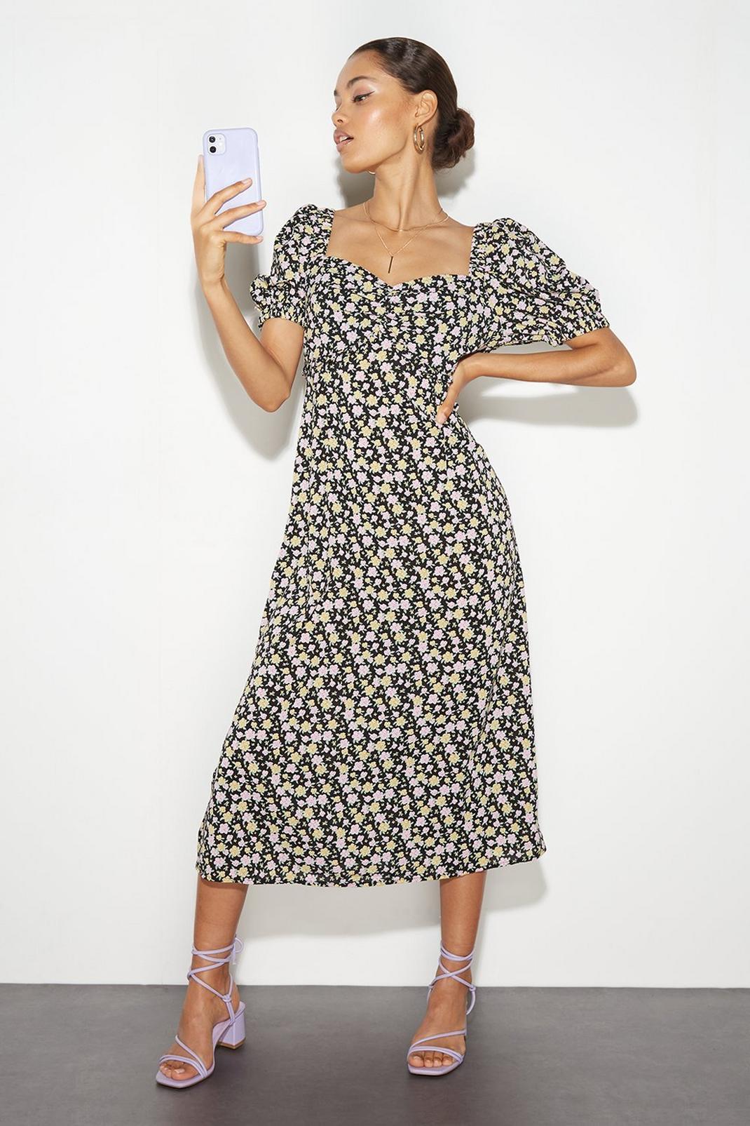 144 Petite Black Ditsy Floral Ruched Midi Dress​ image number 1