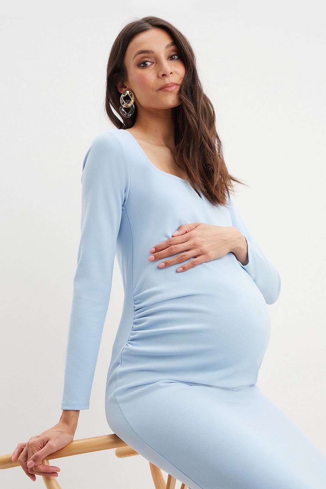 Baby blue Maternity Long Sleeve V Neck Midi Dress image number 1