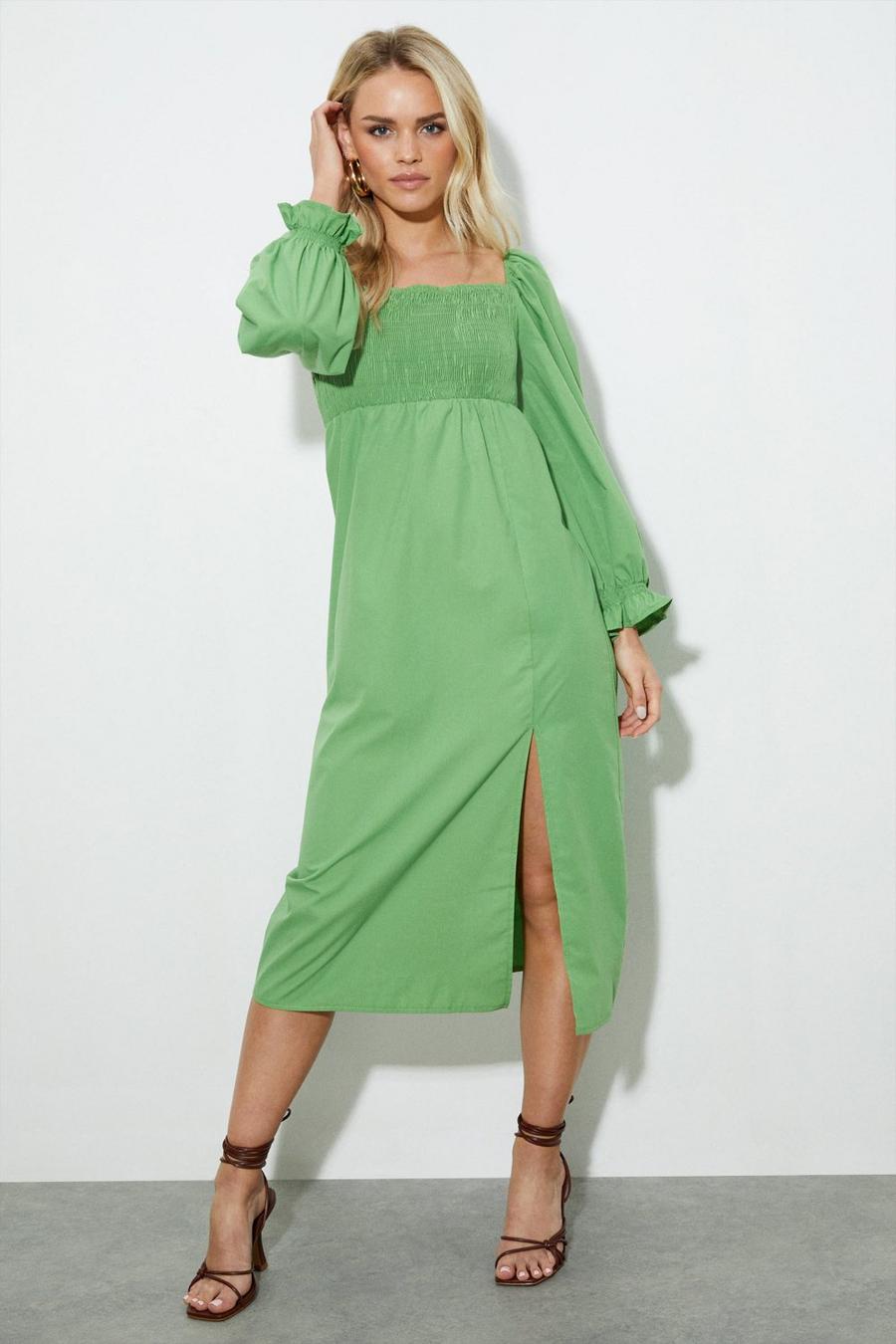 Petite Green Shirred Bodice Midi Dress