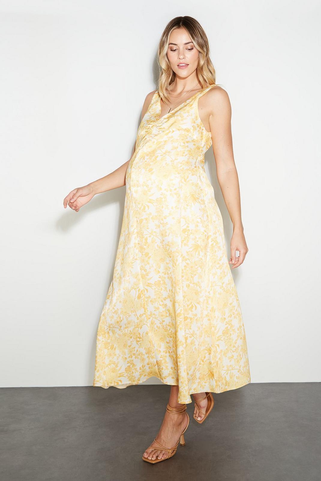 Maternity Yellow Print Ruched Front Dress image number 1