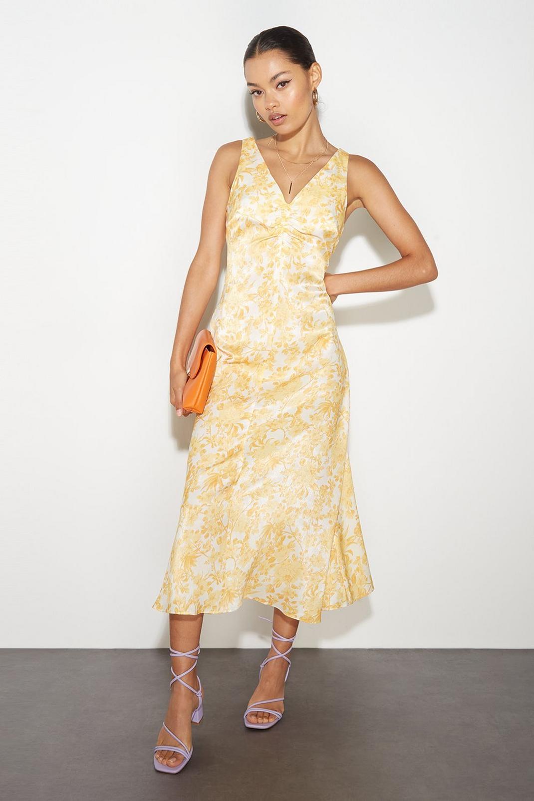 Petite Yellow Print Ruched Front Dress image number 1