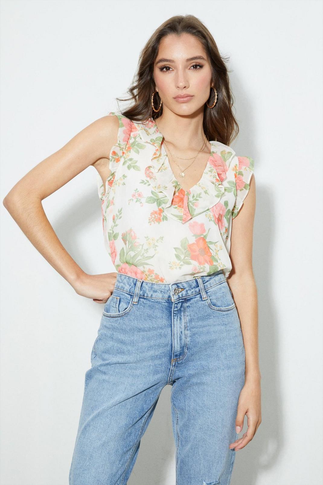 Ivory Floral Chiffon Ruffle Top image number 1