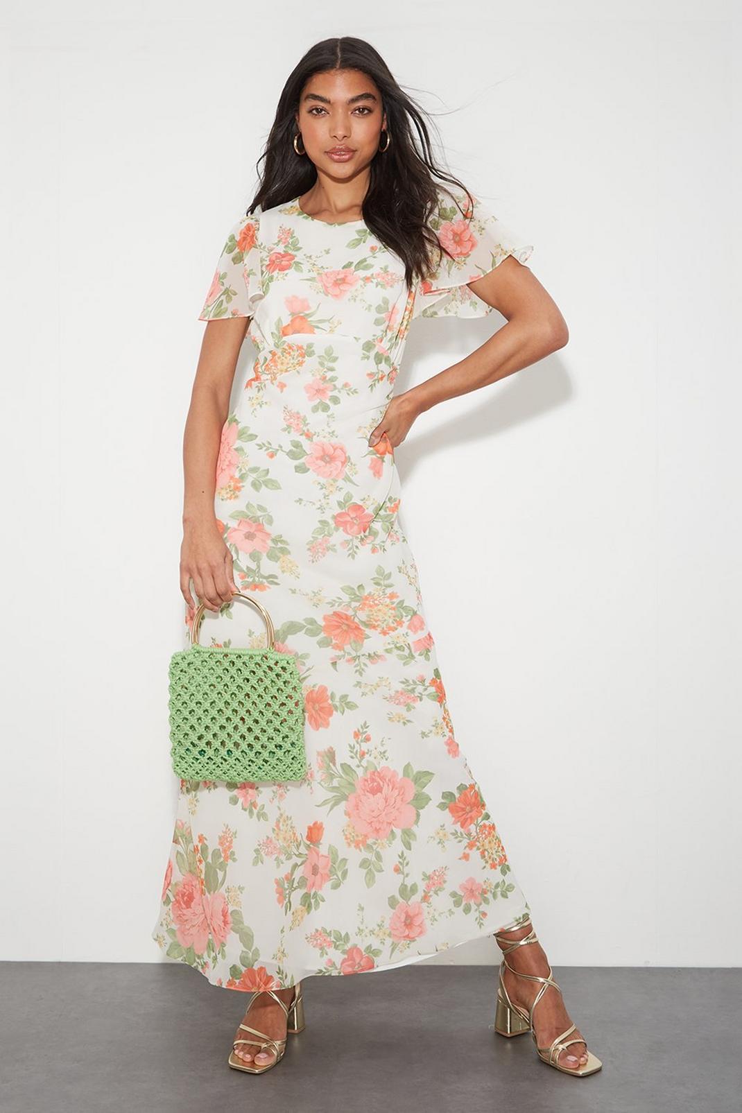 Ivory Floral Chiffon Maxi Dress​ image number 1