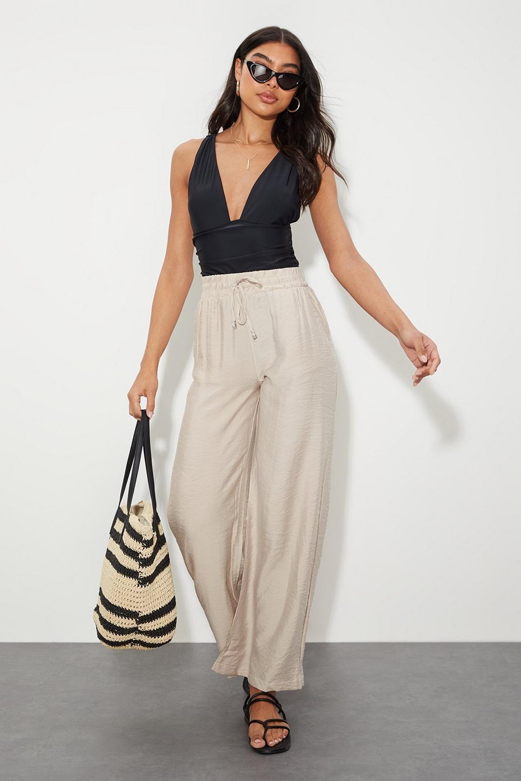 Beige Wide Leg Beach Trousers image number 1