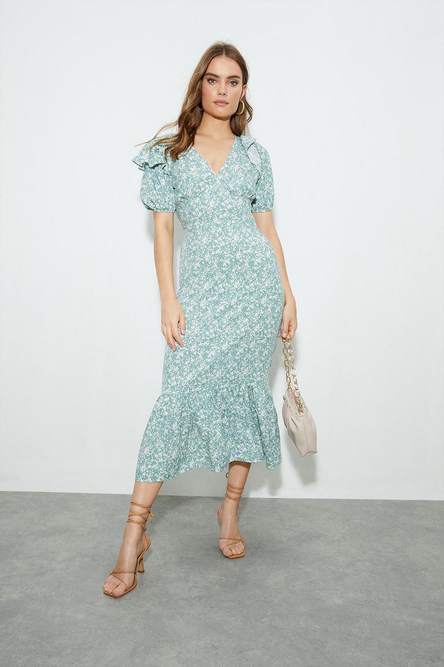 Floral Print Frill Shoulder Midi Dress​