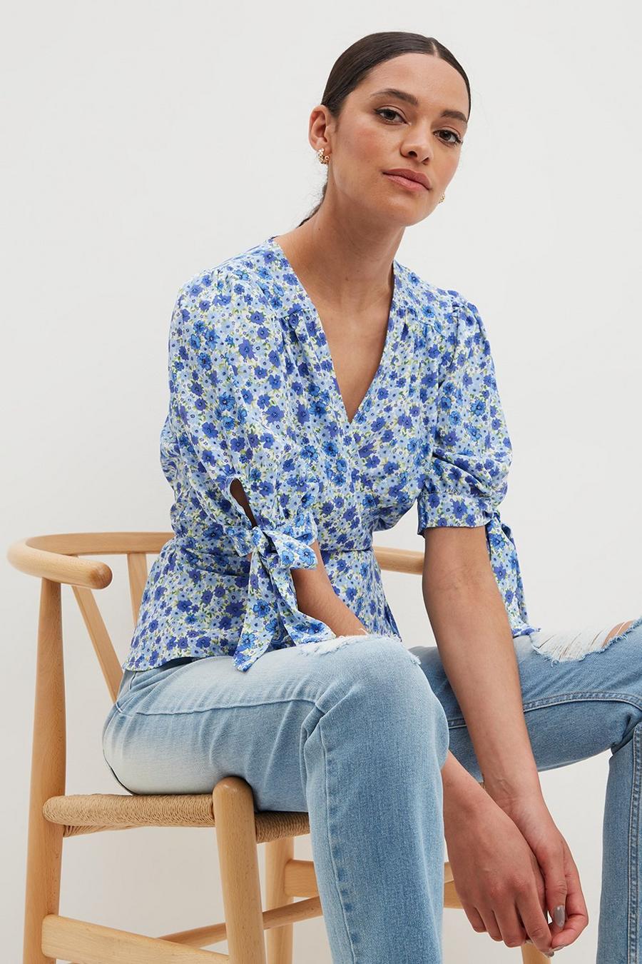 Blue Ditsy Wrap Top​