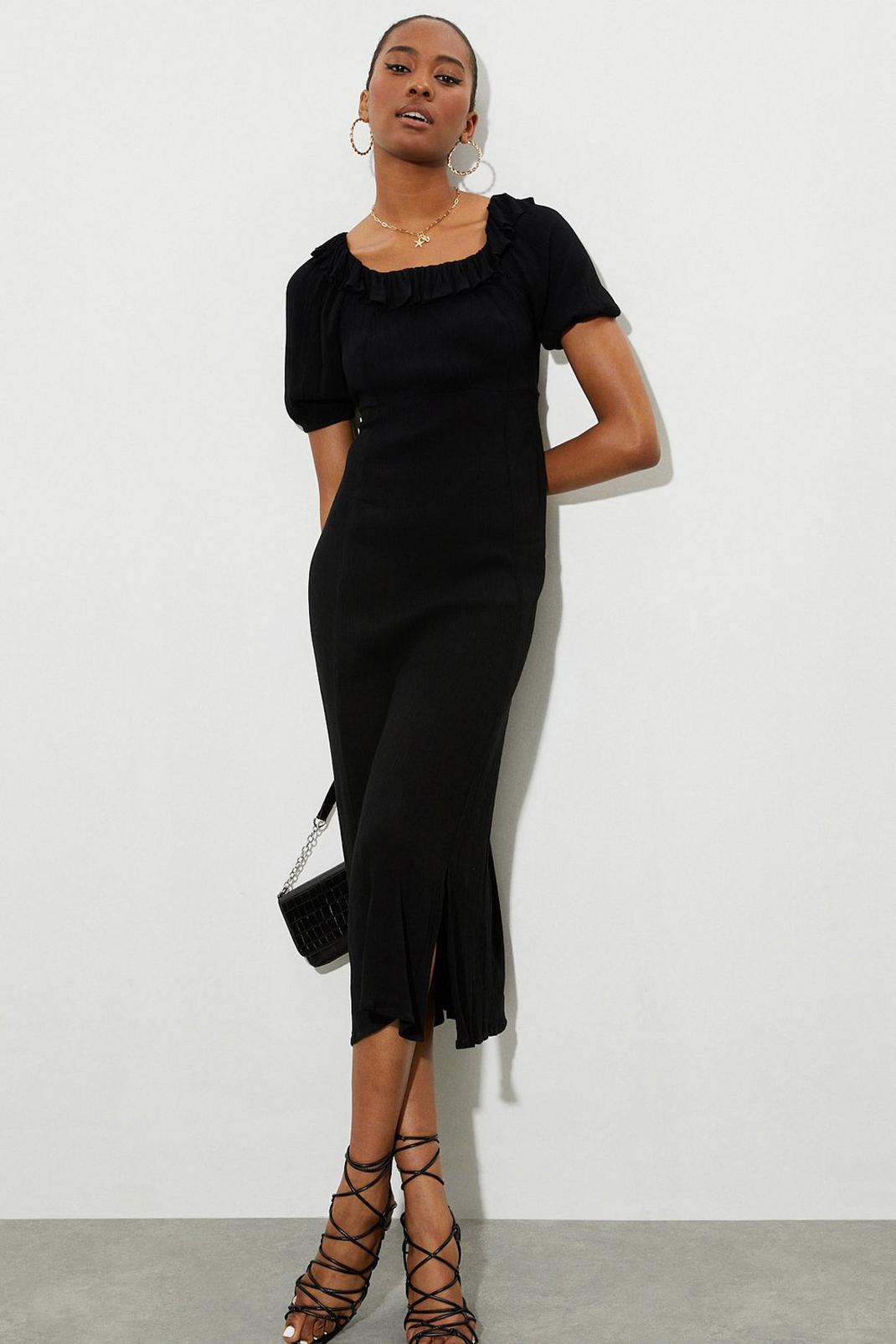 Tall Black Frill Neck Midi Dress image number 1