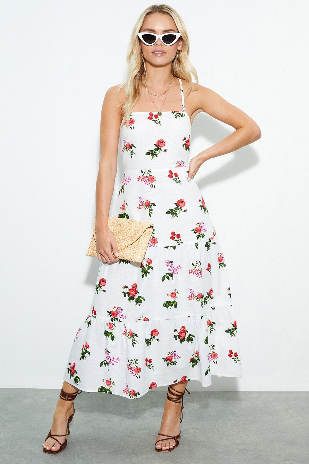 Petite White Floral Tired Cami Midi Dress image number 1