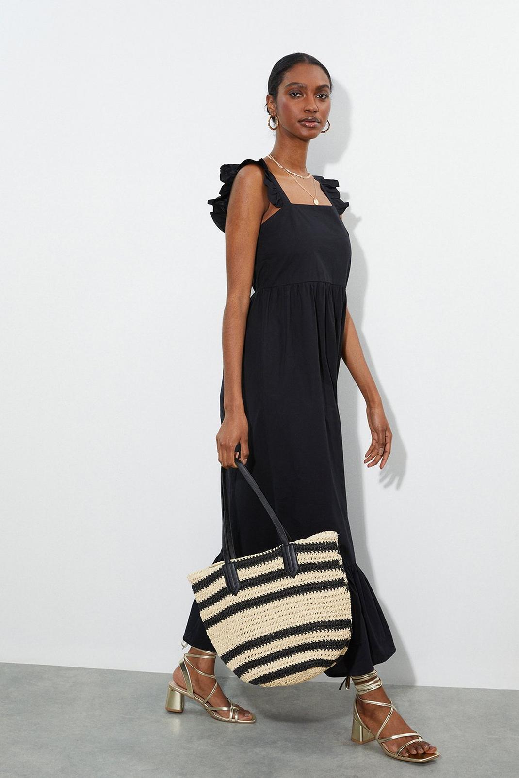Black Tall Cotton Poplin Frill Strap Midi Dress image number 1