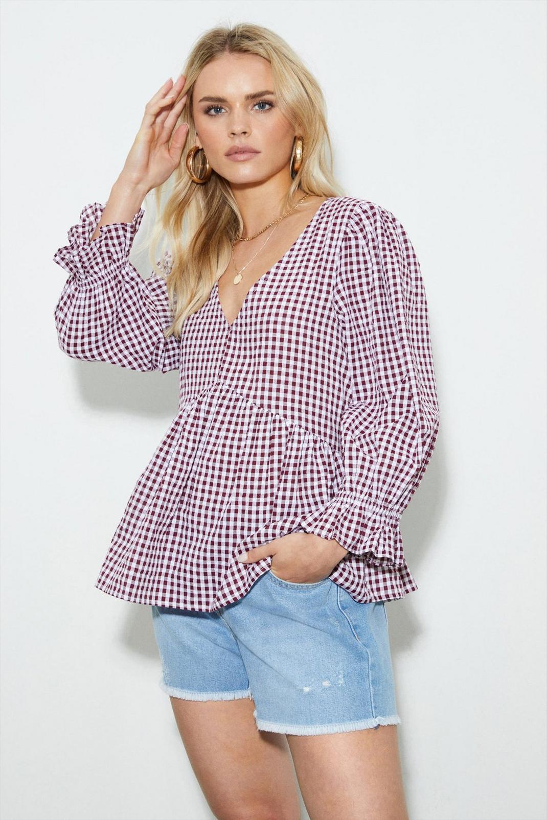 Petite Gingham Puff Sleeve Top image number 1