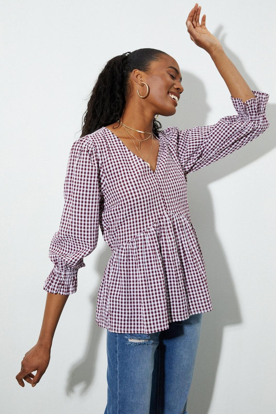 Burgundy Tall Gingham Puff Sleeve Top image number 1