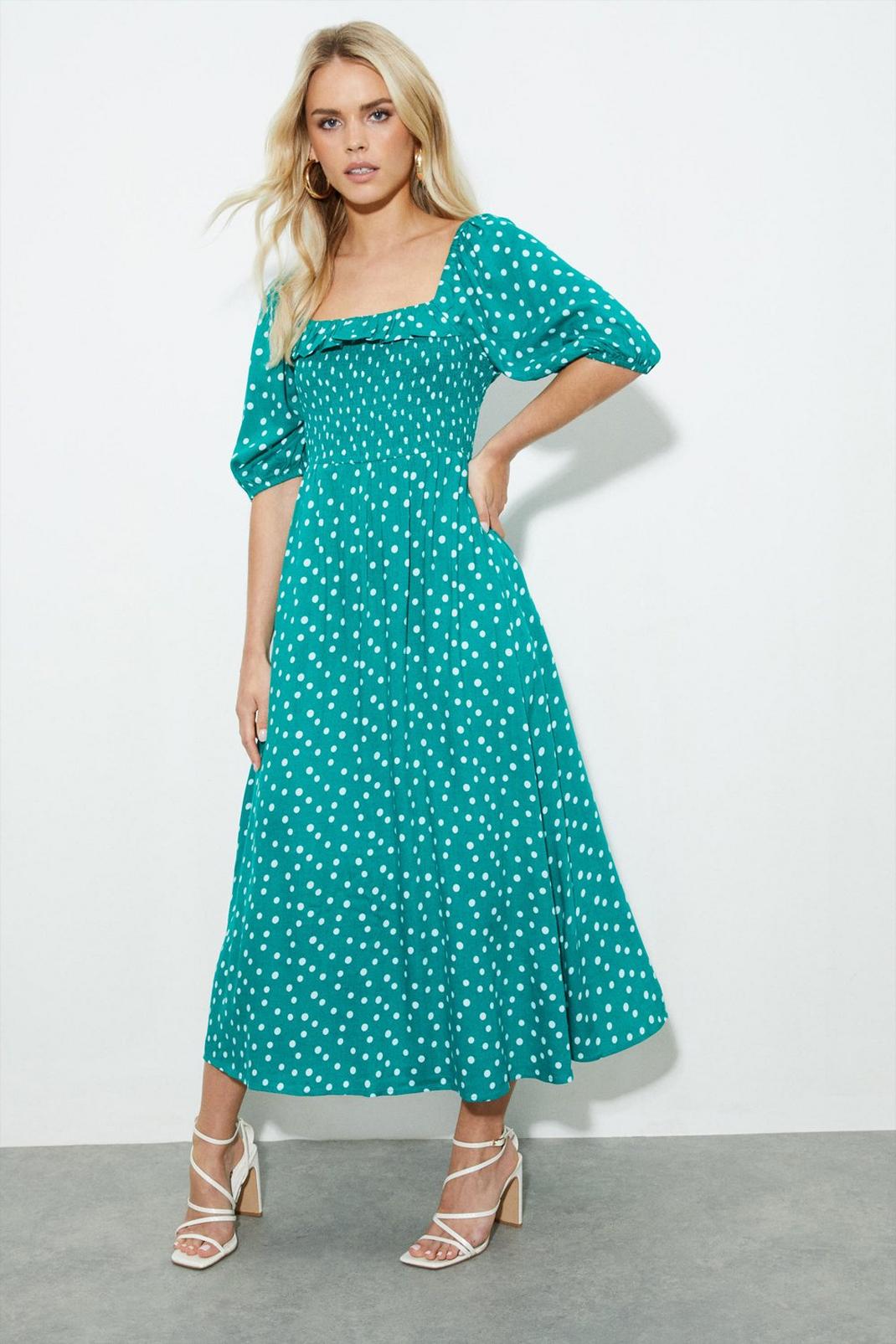 Petite Green Spot Shirred Midi Dress image number 1