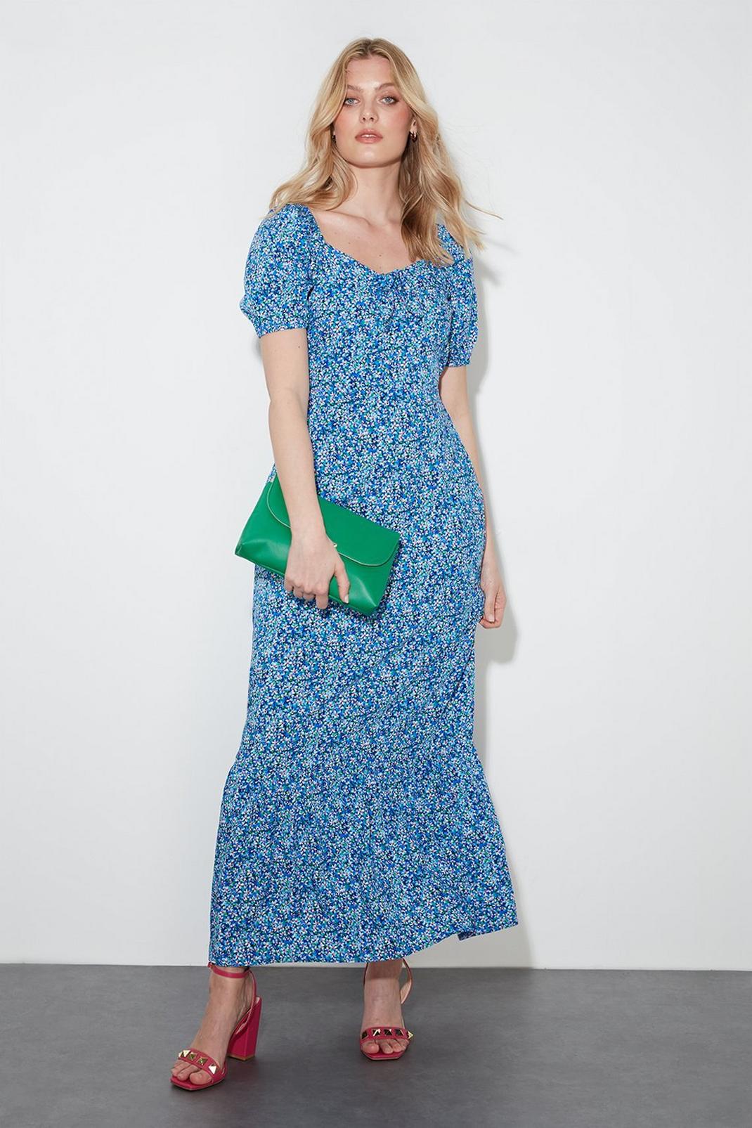 Blue Ditsy Floral Print Tie Front Midi Dress image number 1
