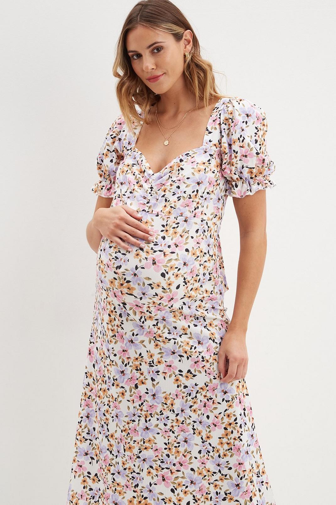 Maternity Floral Sweetheart Puff Midi Dress image number 1