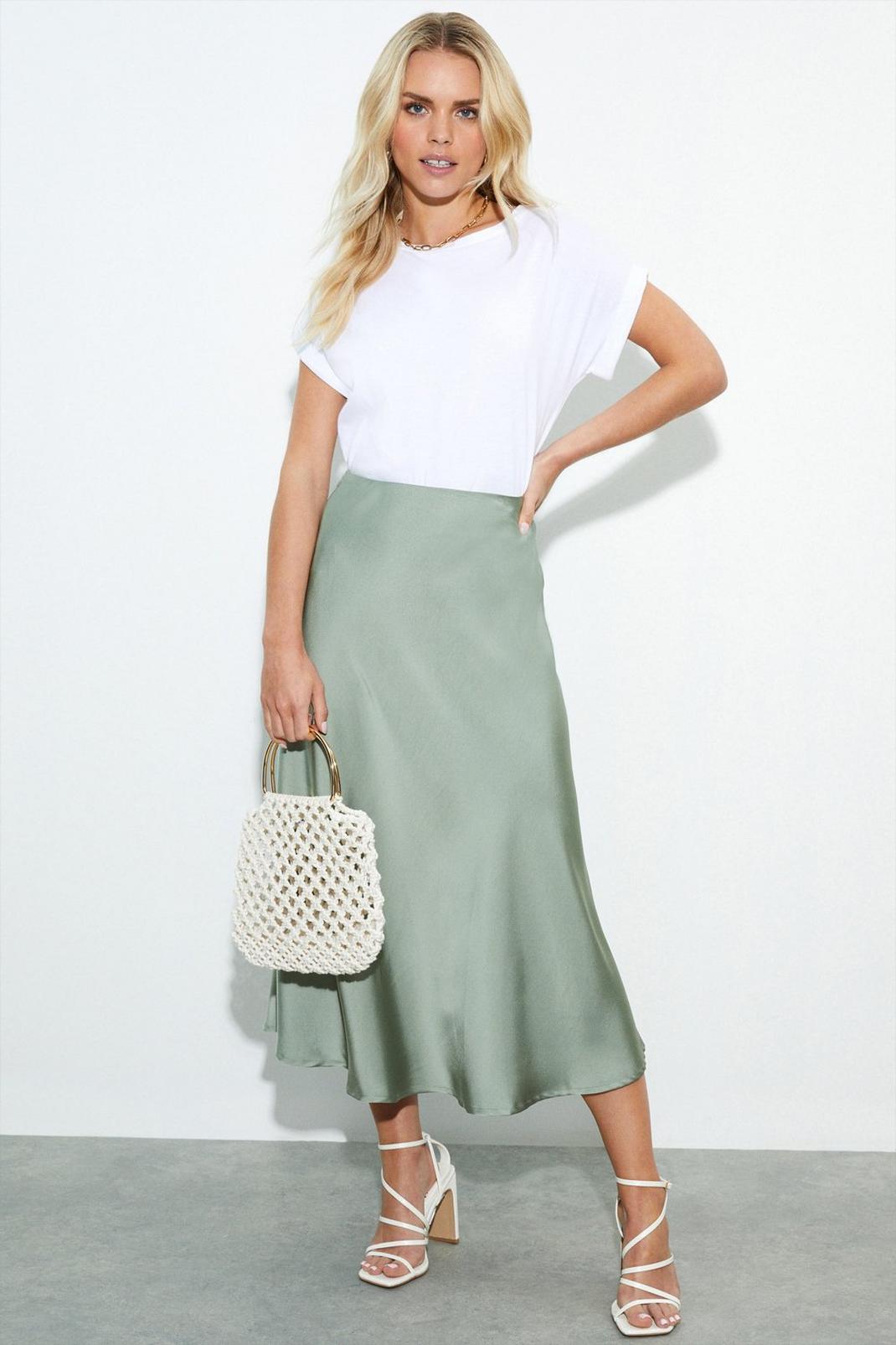 Khaki Satin Midi Skirt​ image number 1