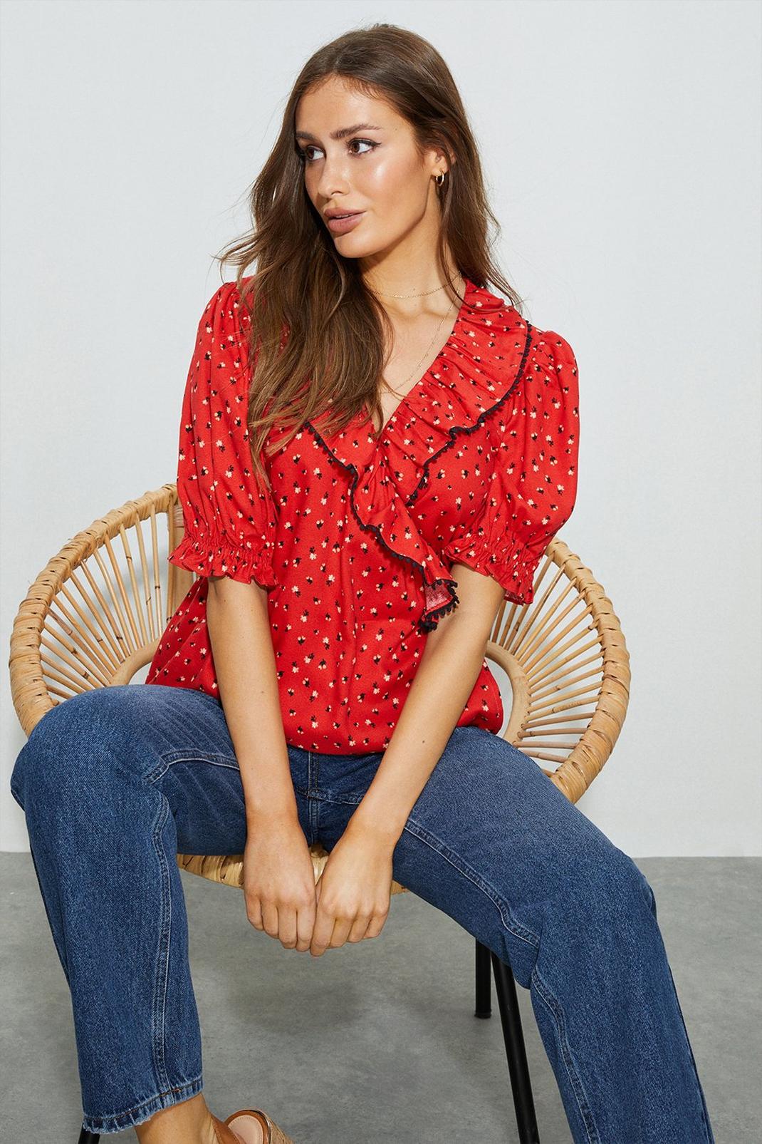 Red Trim Ruffle Neck Wrap​ Top image number 1
