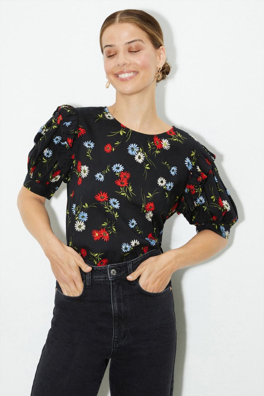 Floral Tie Back Puff Sleeve Topâ€‹