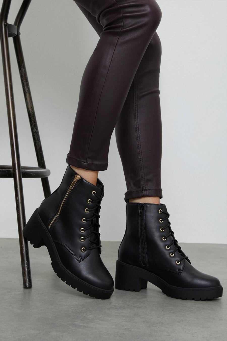 Wide Fit Myla Lace Up Block Heel Hiker Boots