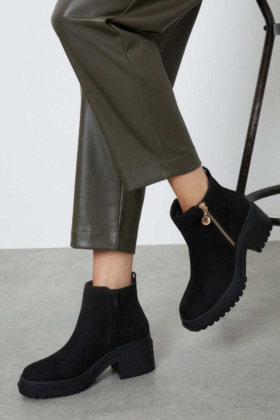 Wide Fit Aria Side Zip Chunky Ankle Boots