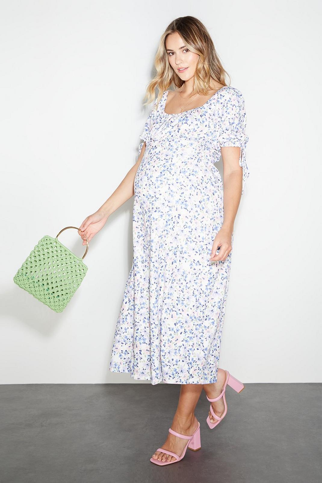 Maternity Floral Tie Front Midi Dress image number 1