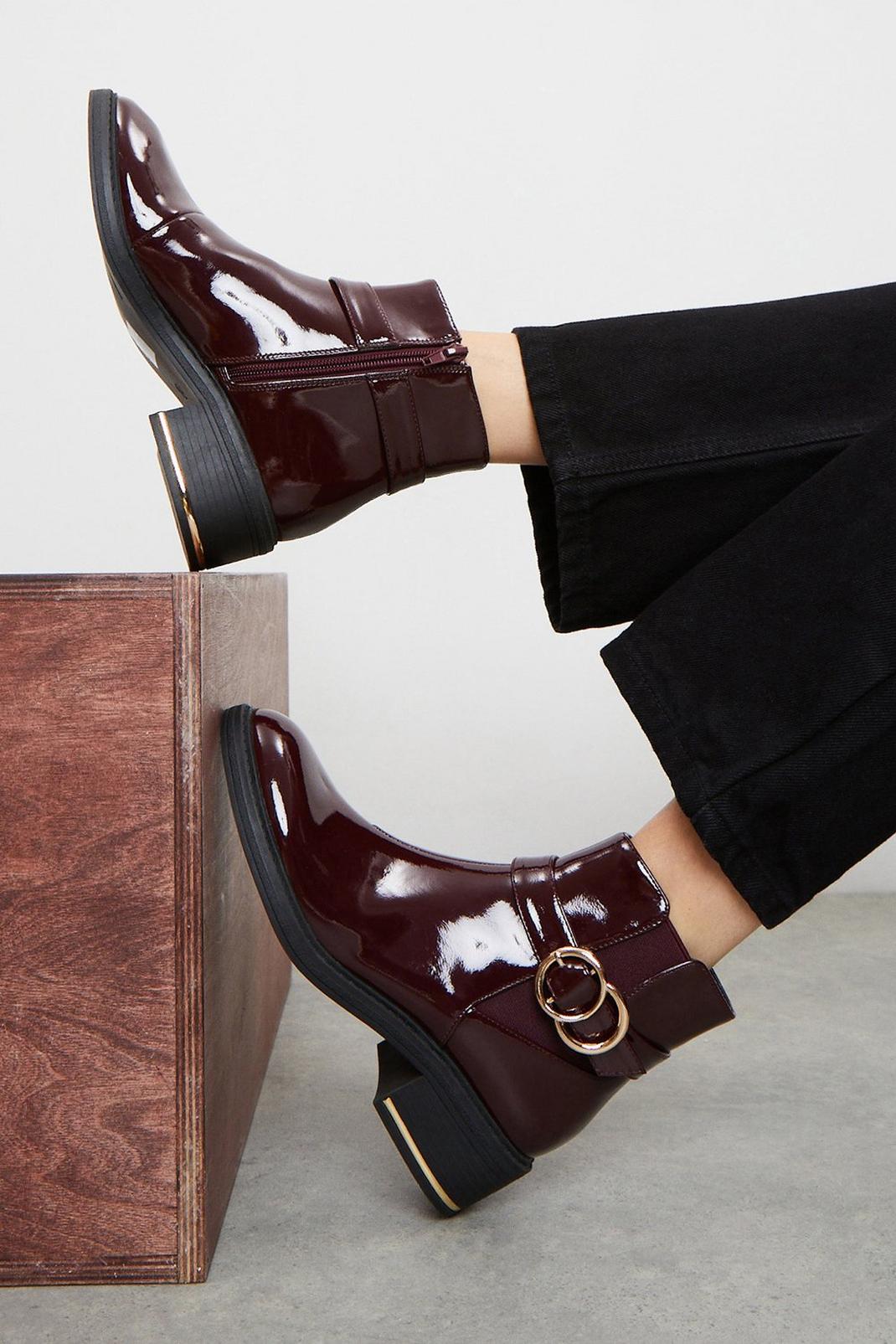 Burgundy Wide Fit Minnie Buckle Detail Ankle Boots image number 1