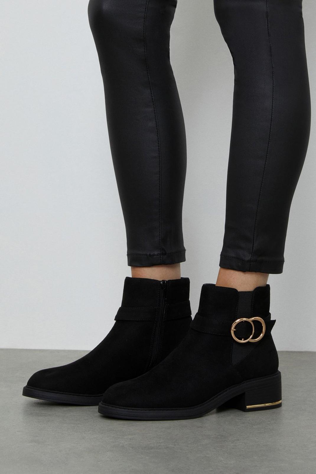 Natural black Wide Fit Minnie Buckle Detail Ankle Boots image number 1