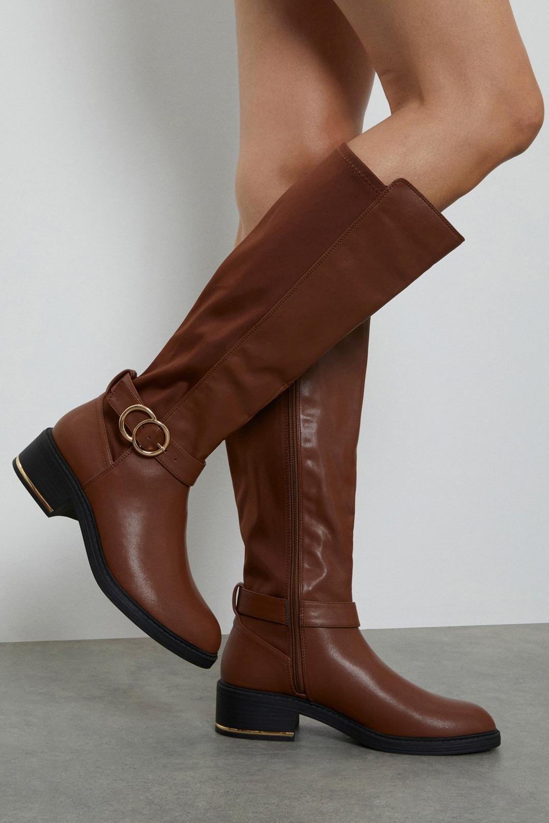 Chocolate Wide Fit Kenya Buckle Detail High Leg Boots image number 1